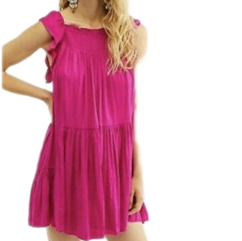 Free People Want Your Love Fuchsia Tunic Ruffle Flowy Mini Dress X-Small